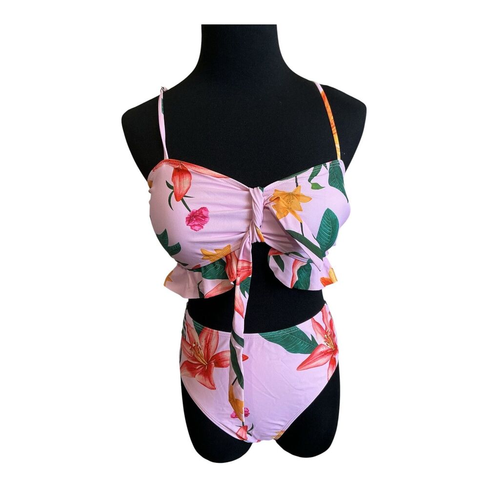 Flower Design Bikini Swimming Suit with long wrap skirt. Size Medium